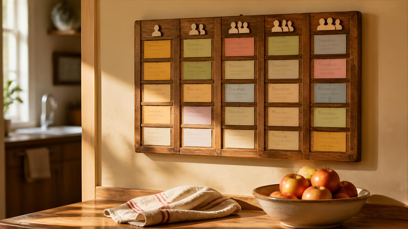 Tableau en bois avec fiches mobiles des tâches des enfants accroché dans une cuisine familiale, méthode planning rotatif famille nombreuse.