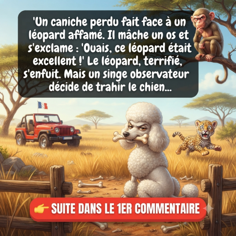 Un vieux caniche blanc mâchant un os avec assurance face à un léopard terrifié dans la savane africaine, tandis qu'un singe rusé les observe depuis un arbre, avec un jeep de safari en arrière-plan