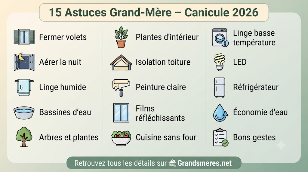 Infographie récapitulative des 15 astuces de grand-mère pour économiser l'énergie et rafraîchir sa maison pendant la canicule 2026 : fermer les volets, aérer la nuit, linge humide, bassines d'eau, arbres et plantes, plantes d'intérieur, isolation toiture, peinture claire, films réfléchissants, cuisine sans four, lave-linge basse température, LED, réfrigérateur, économie d'eau, bons gestes au quotidien