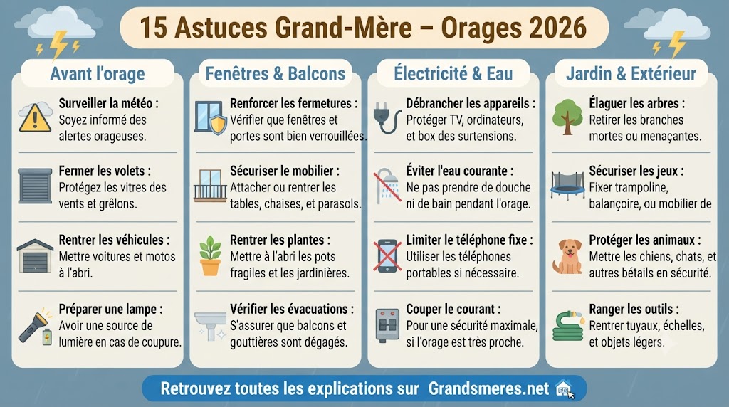 Infographie récapitulative des 15 astuces de grand-mère pour protéger sa maison des orages de grêle et des vents violents en août 2026 : fermer volets, rentrer les meubles, débrancher les appareils, protéger jardin, balcons et voiture