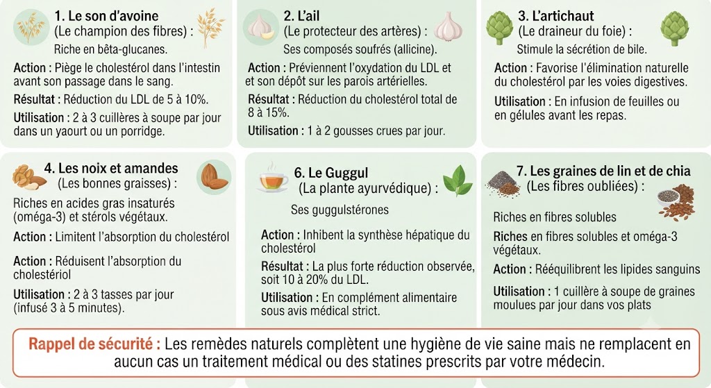 Une infographie détaillée présentant sept remèdes naturels validés par la science pour aider à contrôler le cholestérol. Chaque section comprend le nom du remède, son action, le résultat attendu sur le taux de cholestérol (LDL ou total) et des conseils d'utilisation.