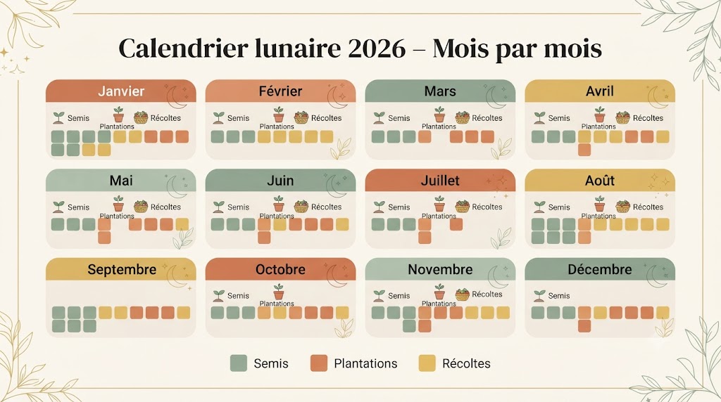 Infographie calendrier lunaire 2026 mois par mois pour le jardinage : périodes de semis, plantations et récoltes