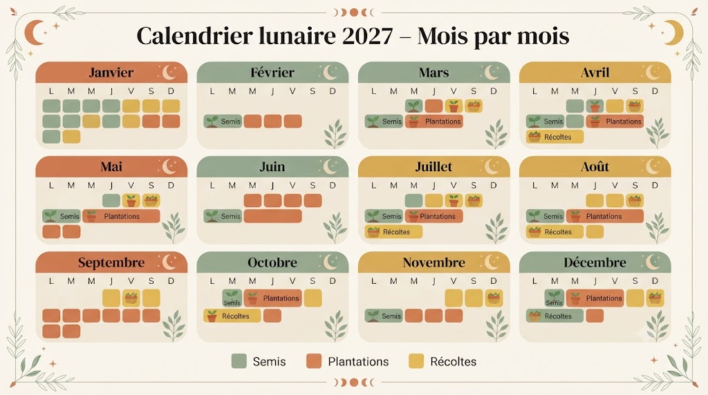 Infographie calendrier lunaire 2027 mois par mois pour le jardinage : périodes de semis, plantations et récoltes