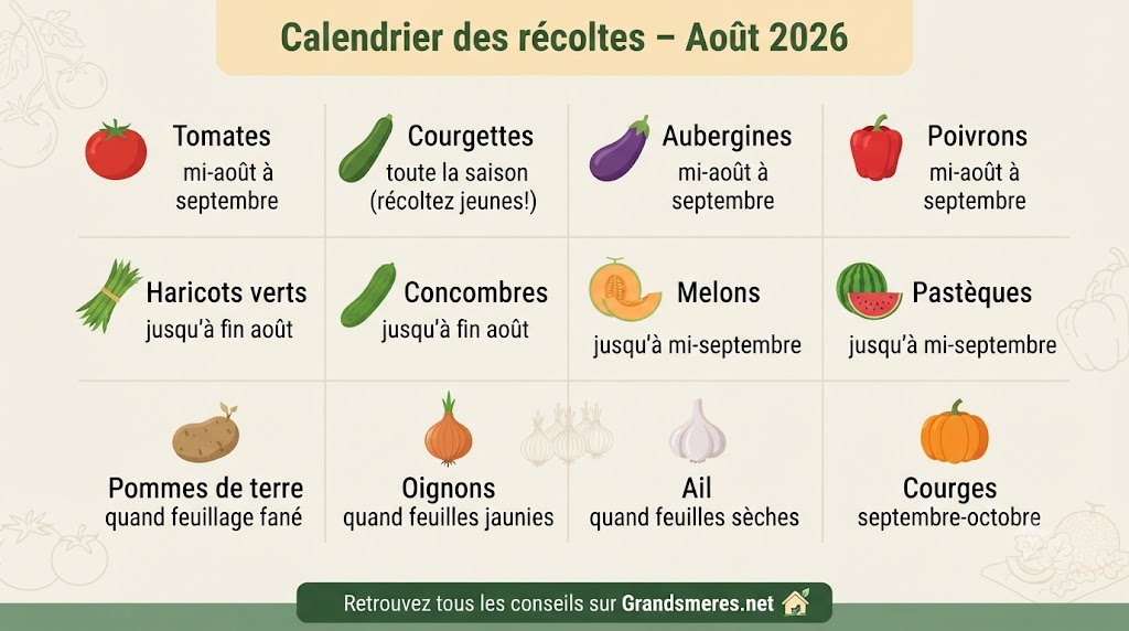 Infographie calendrier des récoltes d'août 2026 : tomates, courgettes, aubergines, poivrons, haricots verts, concombres, melons, pastèques, pommes de terre, oignons, ail et courges – avec conseils de récolte pour chaque légume