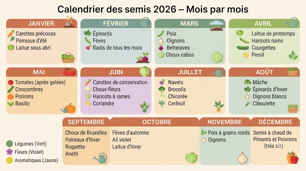 Infographie calendrier des semis 2026 mois par mois pour le potager : légumes, fleurs et aromatiques