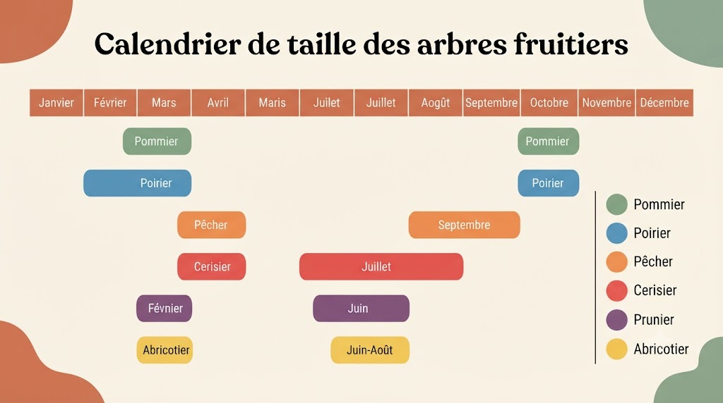 Infographie calendrier de taille des arbres fruitiers par espèce : pommier, poirier, pêcher, cerisier, prunier, abricotier