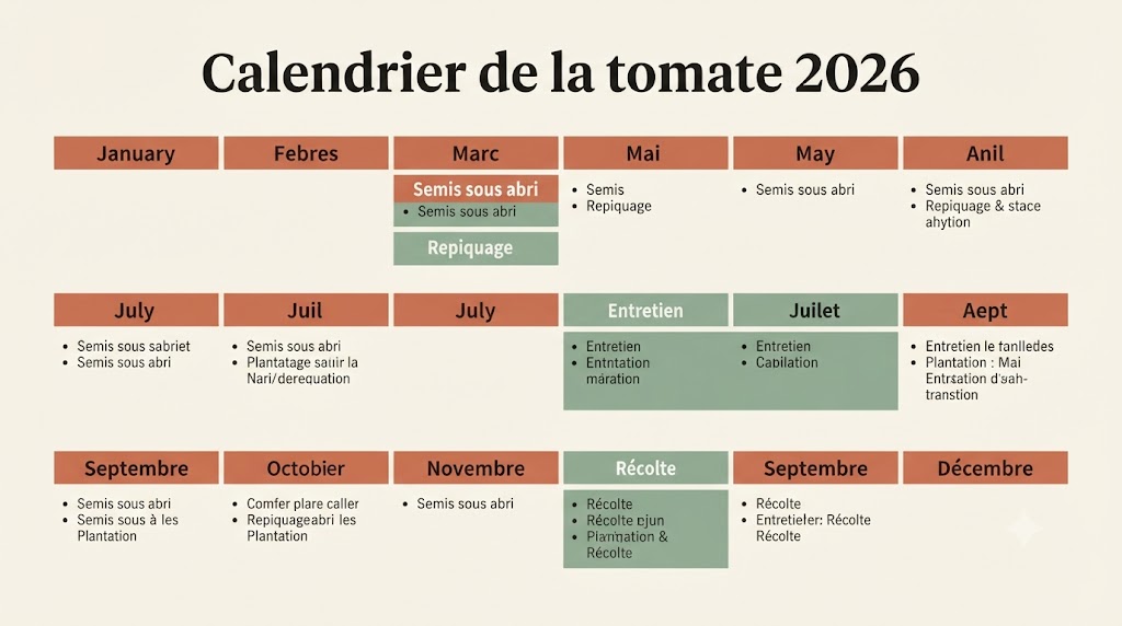 Infographie calendrier de la culture de la tomate 2026 : semis, repiquage, plantation, entretien, récolte