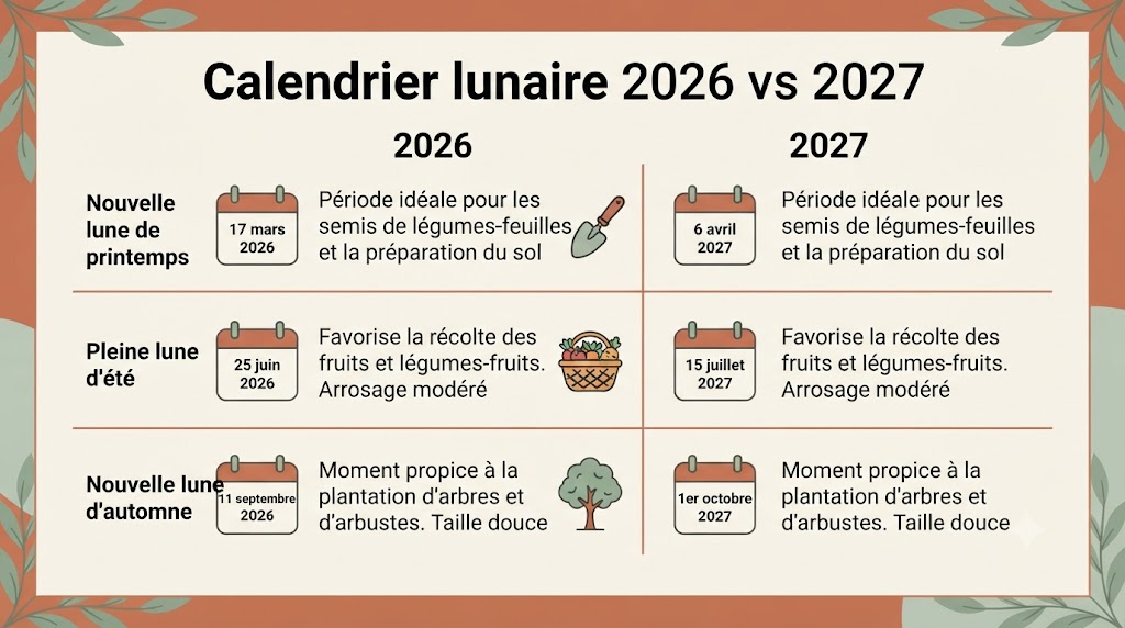 Infographie comparant les dates clés du calendrier lunaire 2026 et 2027 pour le jardinage