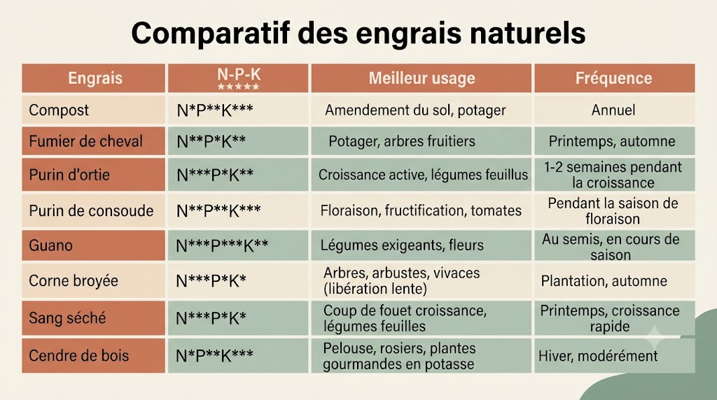 Infographie comparant les principaux engrais naturels : compost, fumier, purins, guano, corne broyée, sang séché, cendre