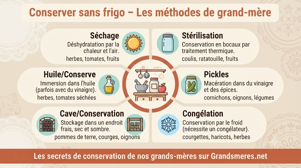 Infographie des 6 méthodes de conservation naturelle de grand-mère : séchage, stérilisation en bocaux, pickles, congélation, conservation en cave, et conservation dans l'huile – avec légumes adaptés à chaque méthode