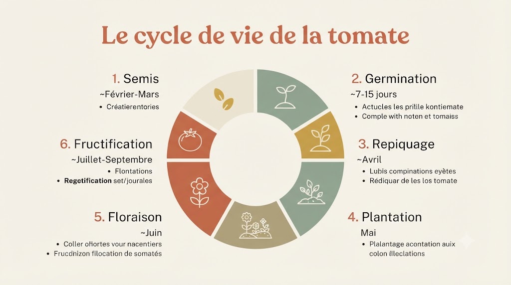 Infographie du cycle de vie de la tomate en 6 étapes : semis, germination, repiquage, plantation, floraison, fructification