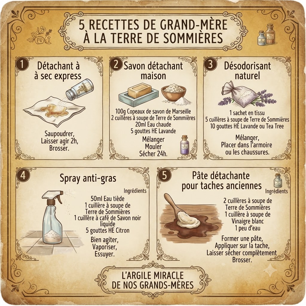 Infographie des 5 recettes de grand-mère à base de Terre de Sommières