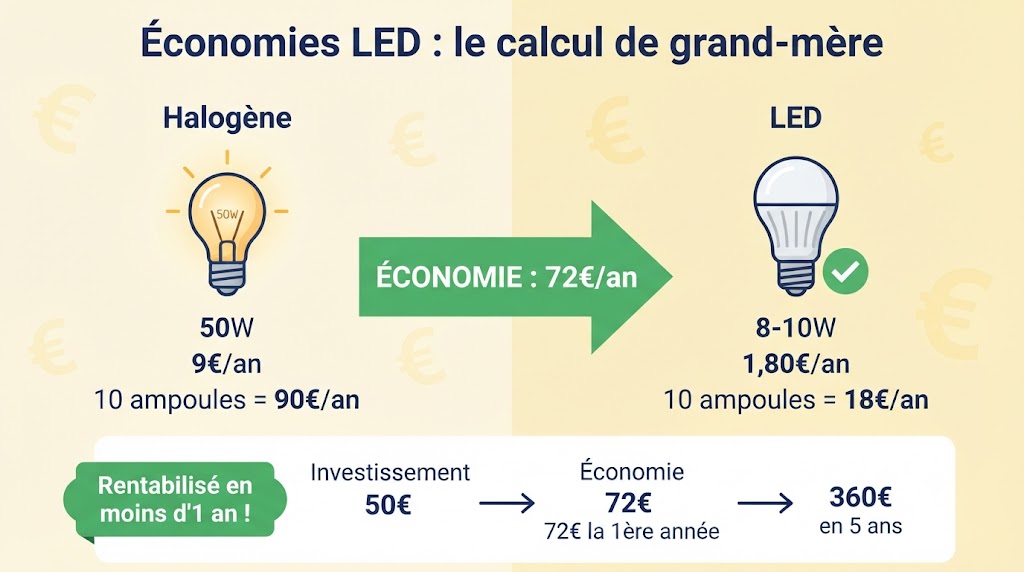 Infographie comparant la consommation des ampoules halogènes vs LED : 90€ par an pour 10 halogènes contre 18€ pour 10 LED, soit une économie de 72€ par an, rentabilisée en moins d'un an