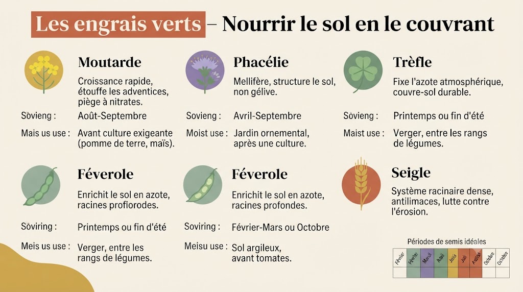 Infographie des engrais verts : moutarde, phacélie, trèfle, féverole, seigle – leurs bénéfices et périodes de semis