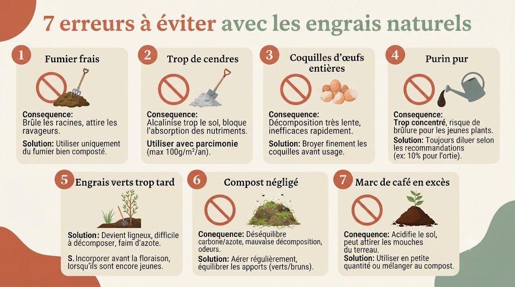 Infographie des 7 erreurs à éviter avec les engrais naturels pour ne pas abîmer ses plantes