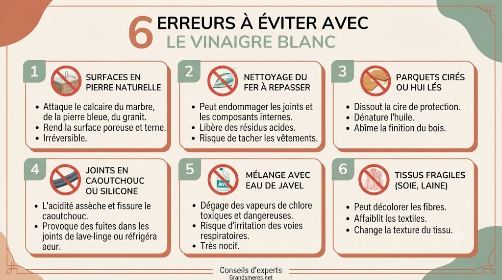 Infographie listant les 6 erreurs à éviter lors du nettoyage de laitance sur carrelage avec du vinaigre blanc