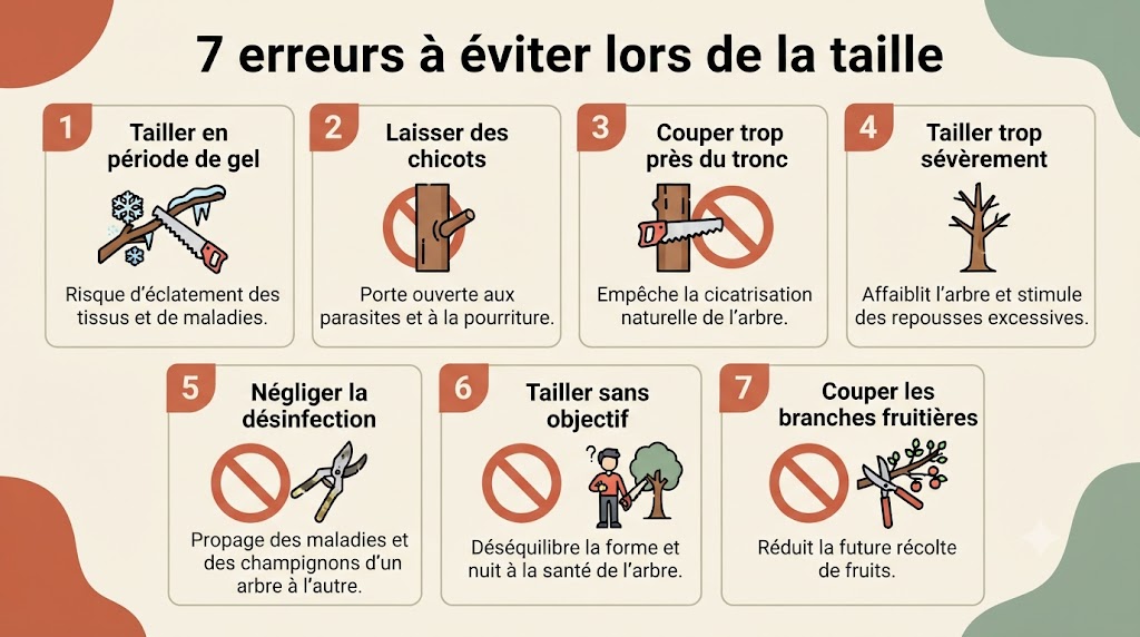 Infographie des 7 erreurs à éviter lors de la taille des arbres fruitiers pour ne pas compromettre la récolte