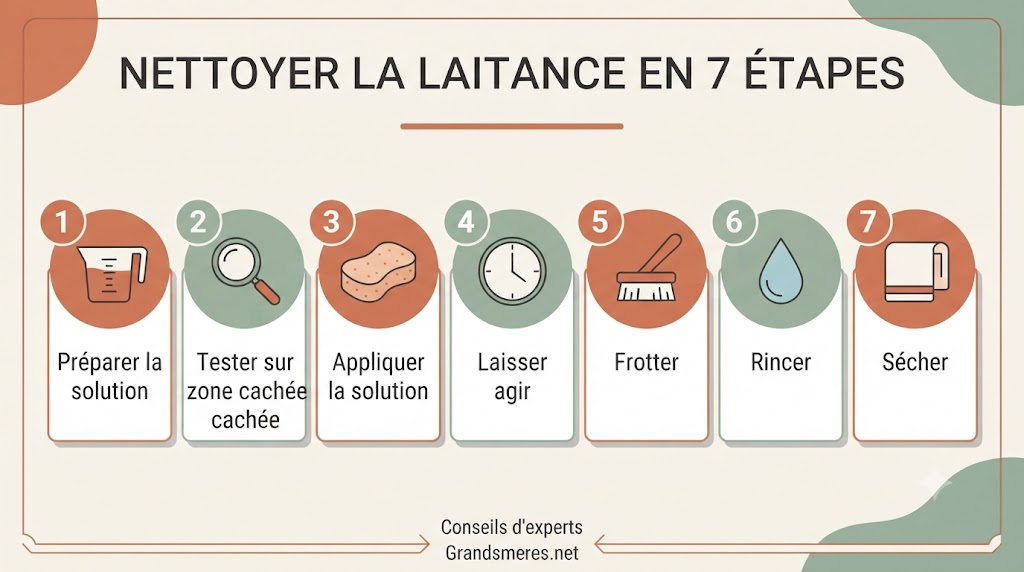 Infographie des 7 étapes pour nettoyer la laitance sur carrelage avec du vinaigre blanc