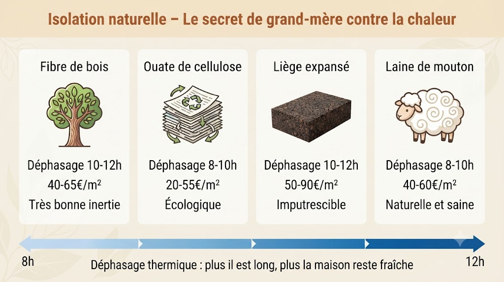 Infographie comparant les meilleurs isolants naturels pour l'été 2026 : fibre de bois, ouate de cellulose, liège expansé et laine de mouton – leurs prix, leur déphasage thermique et leurs avantages pour rafraîchir la maison