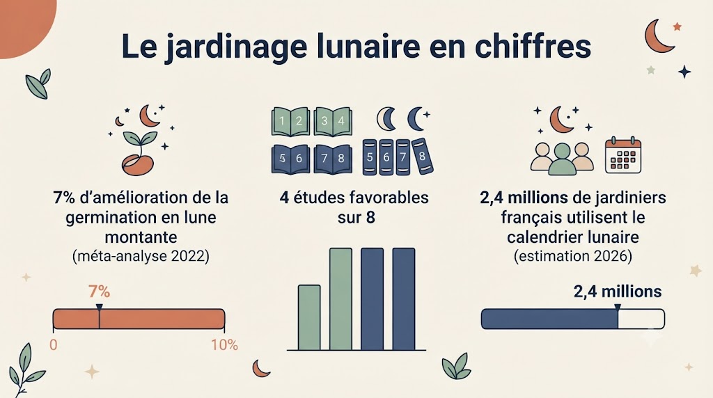 Infographie des statistiques du jardinage lunaire : 7% d'amélioration de la germination, 4 études favorables sur 8, 2,4 millions de jardiniers utilisateurs
