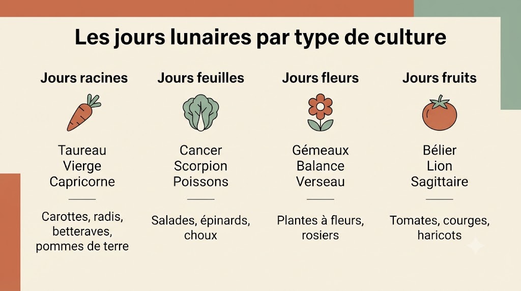 Infographie des jours lunaires pour le jardinage : jours racines, jours feuilles, jours fleurs, jours fruits