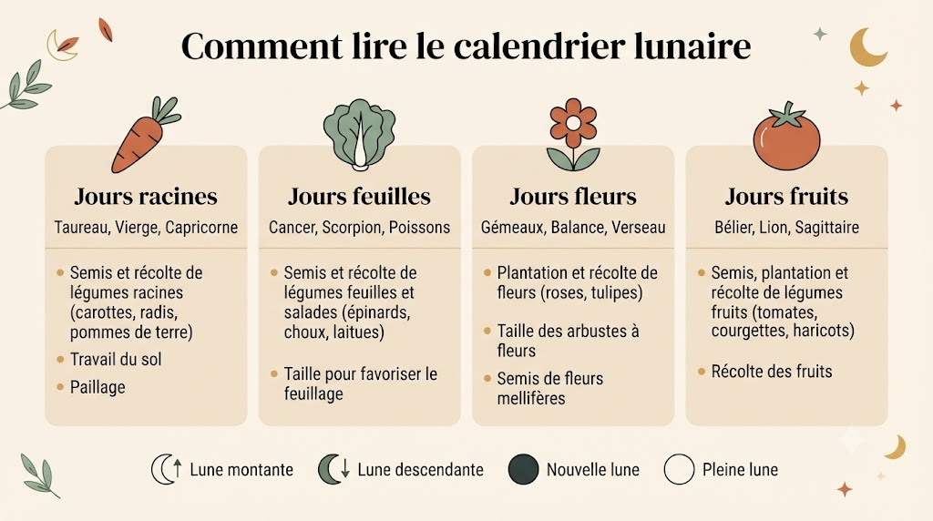 Infographie expliquant comment lire le calendrier lunaire : jours racines, jours feuilles, jours fleurs, jours fruits et phases lunaires