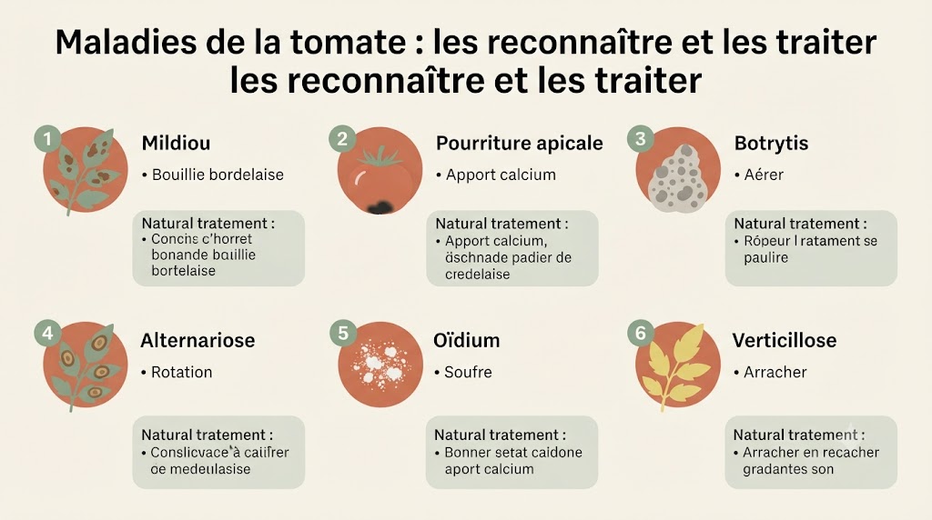 Infographie des 6 principales maladies de la tomate : mildiou, pourriture apicale, botrytis, alternariose, oïdium, verticillose