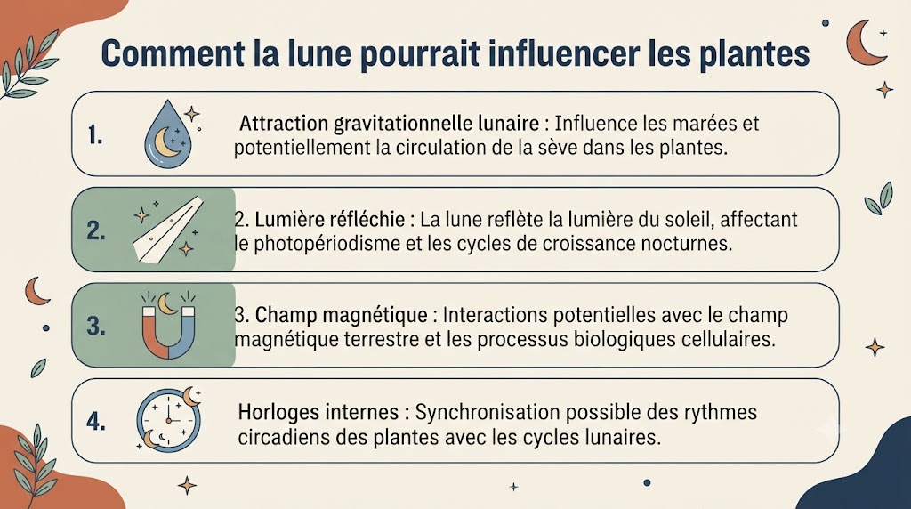 Infographie des 4 mécanismes possibles de l'influence de la lune sur les plantes : gravité, lumière, magnétisme, rythmes biologiques