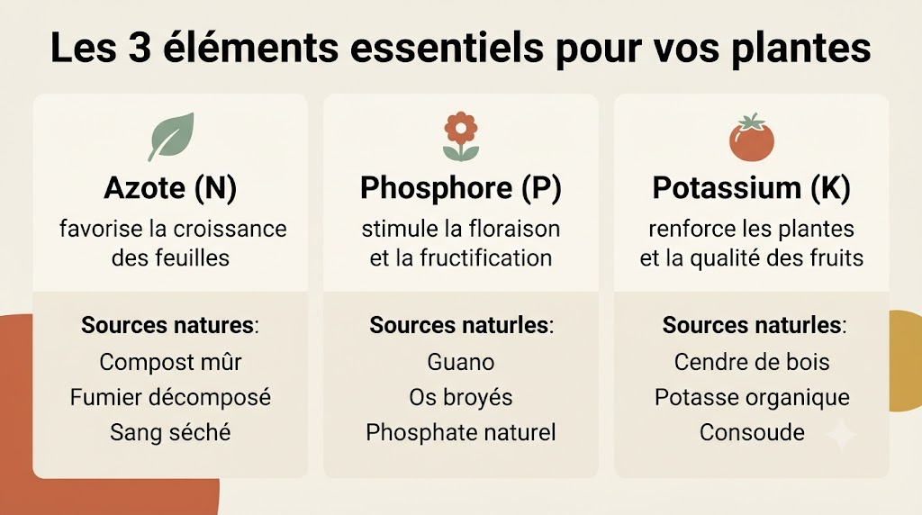 Infographie des 3 éléments essentiels NPK : Azote, Phosphore, Potassium avec leurs sources naturelles