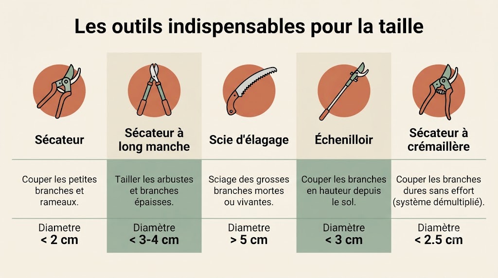 Infographie des outils indispensables pour la taille des arbres fruitiers : sécateur, sécateur à long manche, scie d'élagage, échenilloir, sécateur à crémaillère