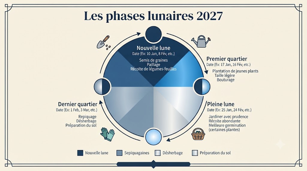 Infographie des 4 phases lunaires en 2027 avec les dates clés pour le jardinage