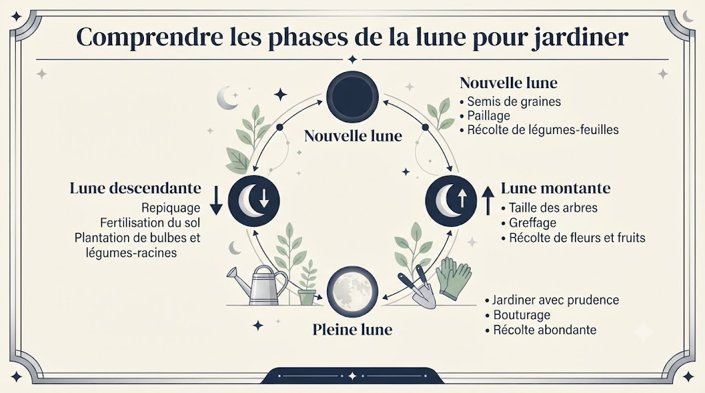 Infographie expliquant les 4 phases de la lune pour le jardinage : nouvelle lune, lune montante, pleine lune, lune descendante