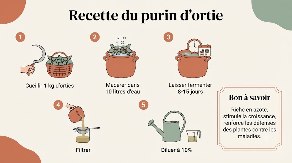 Infographie recette du purin d'ortie en 5 étapes : cueillette, macération, fermentation, filtration, dilution