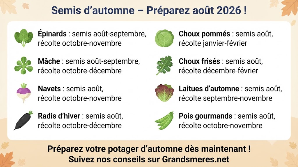 Infographie des semis d'automne à préparer en août 2026 : épinards, mâche, navets, radis d'hiver, choux pommés, choux frisés, laitues d'automne et pois gourmands – avec périodes de semis et de récolte