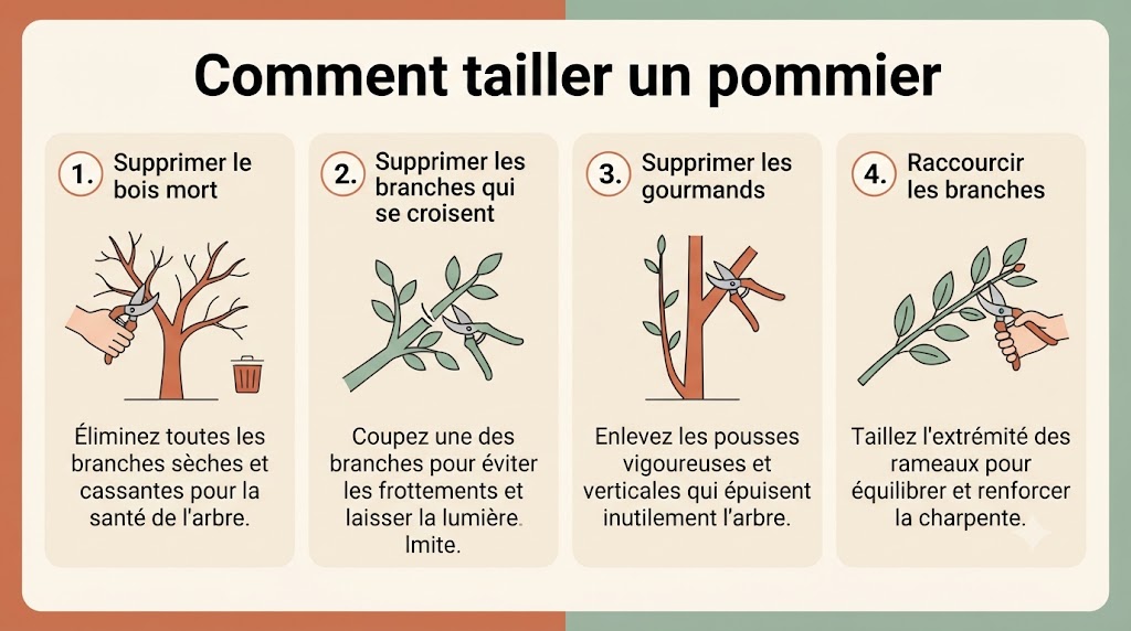 Infographie guide pour tailler un pommier : avant/après avec les branches à couper et à conserver