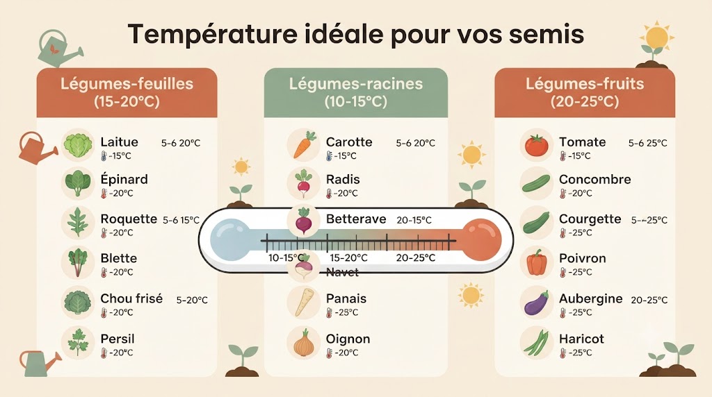Infographie des températures idéales de germination pour les légumes : feuilles, racines et fruits