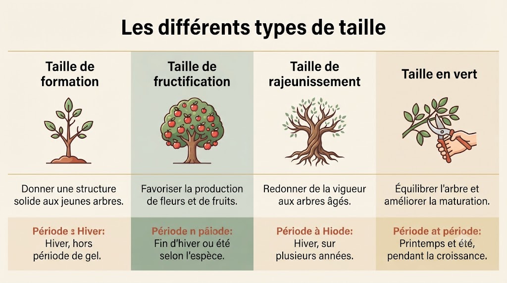 Infographie des 4 types de taille des arbres fruitiers : formation, fructification, rajeunissement, taille en vert