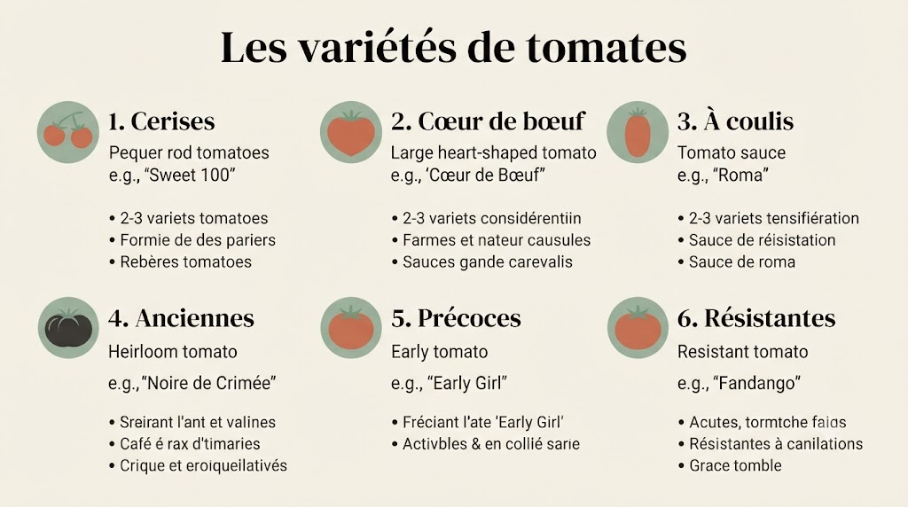 Infographie des 6 catégories de variétés de tomates : cerises, cœur de bœuf, à coulis, anciennes, précoces, résistantes