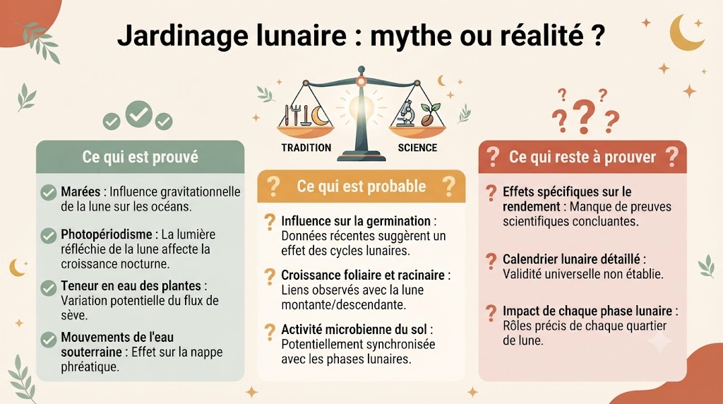 Infographie bilan du jardinage lunaire : ce qui est prouvé, ce qui est probable, ce qui reste à prouver