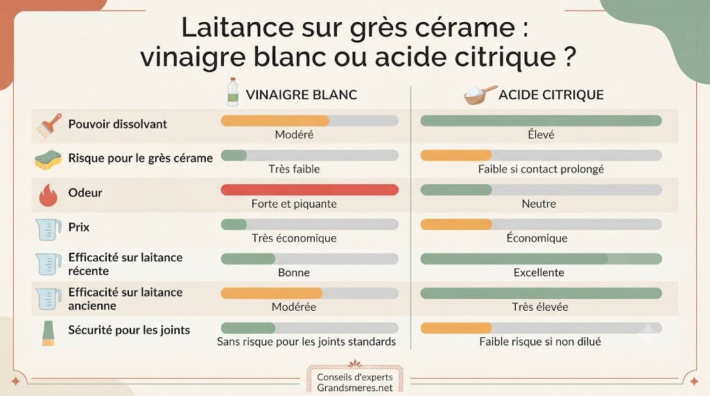 Infographie comparant l'efficacité du vinaigre blanc et de l'acide citrique pour enlever la laitance sur carrelage grès cérame