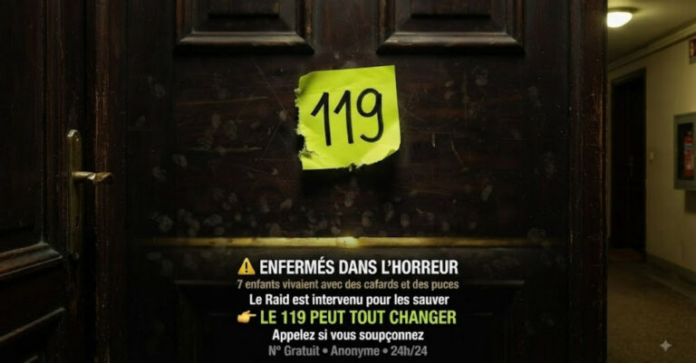 Une photographie en plan serré et dramatique d'une porte d'appartement en bois sombre et vieilli, située dans un couloir d'immeuble peu éclairé. La porte est marquée par de nombreuses traces de doigts sales et des éraflures. Au centre, un post-it jaune fluo, déchiré sur les bords, est collé avec le numéro "119" écrit en gros chiffres noirs.
