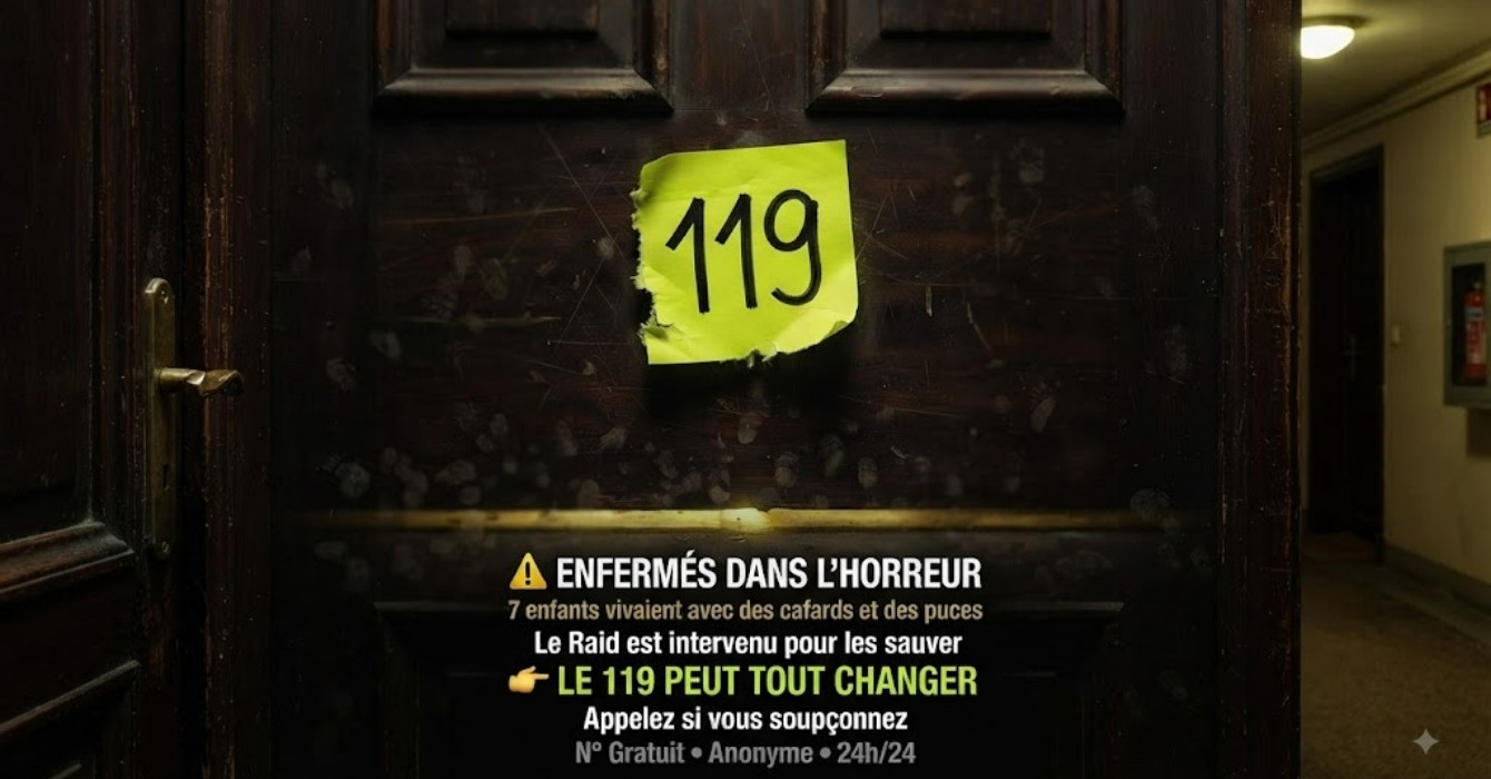 Une photographie en plan serré et dramatique d'une porte d'appartement en bois sombre et vieilli, située dans un couloir d'immeuble peu éclairé. La porte est marquée par de nombreuses traces de doigts sales et des éraflures. Au centre, un post-it jaune fluo, déchiré sur les bords, est collé avec le numéro "119" écrit en gros chiffres noirs.