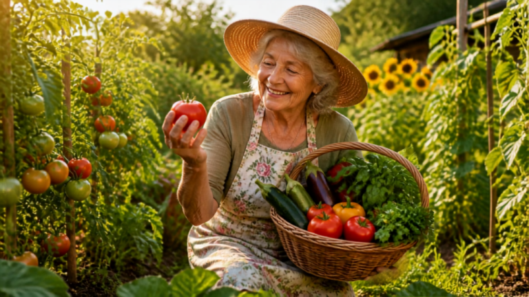 Grand-mère souriante dans son potager en août 2026, tenant une tomate mûre et un panier débordant de légumes colorés – astuces de grand-mère pour récolter et conserver les légumes d'été