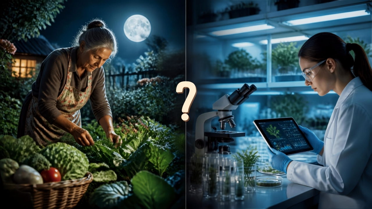 Image contrastant le jardinage traditionnel sous la pleine lune avec la science moderne en laboratoire – mythe ou réalité du jardinage lunaire