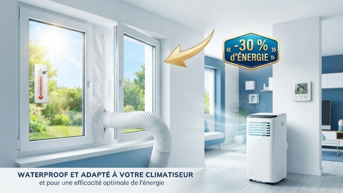 Joint de fenêtre pour climatiseur mobile installé sur une fenêtre, tuyau d'évacuation passant par la fermeture éclair, thermomètre intérieur à 24°C et extérieur à 40°C, badge -30% d'énergie