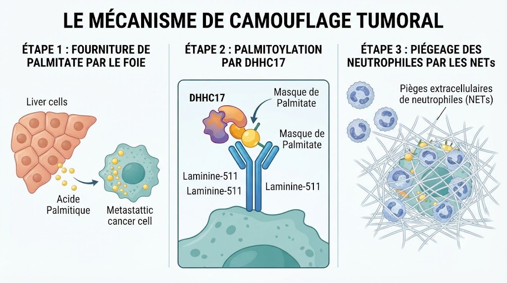 Infographie en trois étapes du mécanisme de camouflage tumoral dans le foie : apport d'acide palmitique, palmitoylation par DHHC17, formation de pièges NETs protecteurs