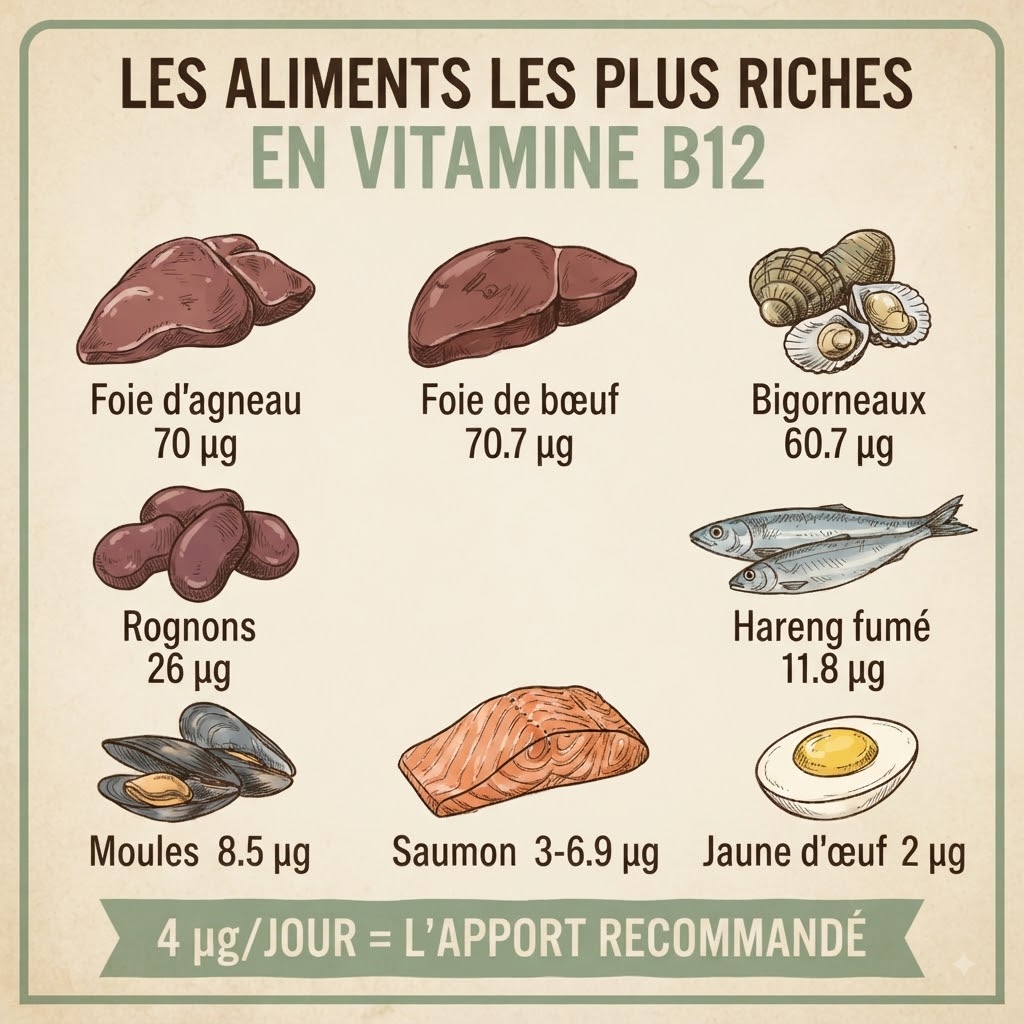 Infographie style vintage présentant les 8 aliments les plus riches en vitamine B12 avec leurs teneurs exactes, de l'agneau au jaune d'œuf.