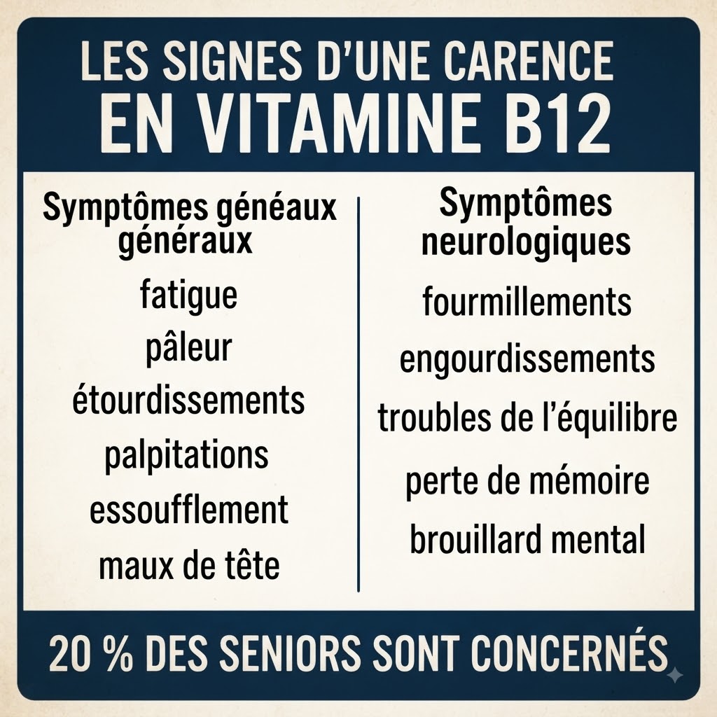 Infographie éducative montrant les symptômes généraux et neurologiques d'une carence en vitamine B12, avec le chiffre de 20 % des seniors concernés.