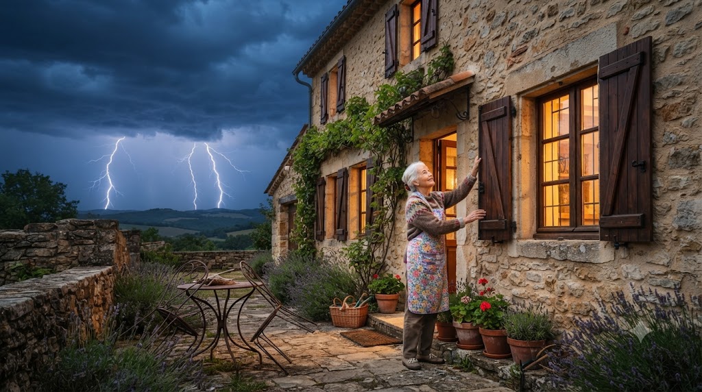 Grand-mère fermant les volets de sa maison avant un orage violent avec éclairs et ciel orageux en arrière-plan – astuces de grand-mère pour protéger sa maison en août 2026