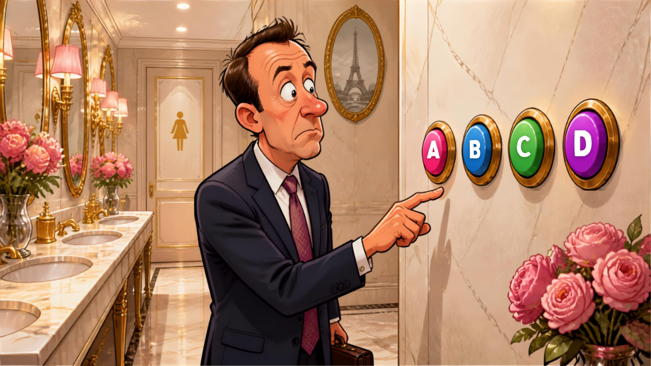 Blague toilettes dames : homme perplexe face à quatre boutons dans des toilettes de luxe